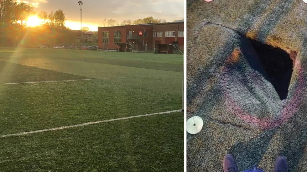 Till höger syns hur en tidigare lagning av mattan lossnat.
