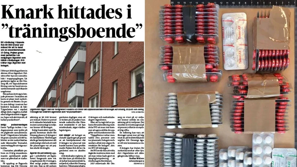 Ur UNT 10 april 2019.  I en lägenhet som ägs av Abi Omsorg hittade polisen 997 tabletter av det narkotikaklassade läkemedlet Tramadol.