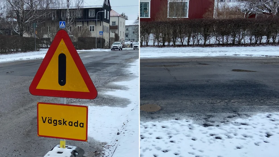 Sättningen som uppstod efter det omfattande VA-arbetet är åtgärdad även om trafikskylten fortfarande varnar för en vägskada.