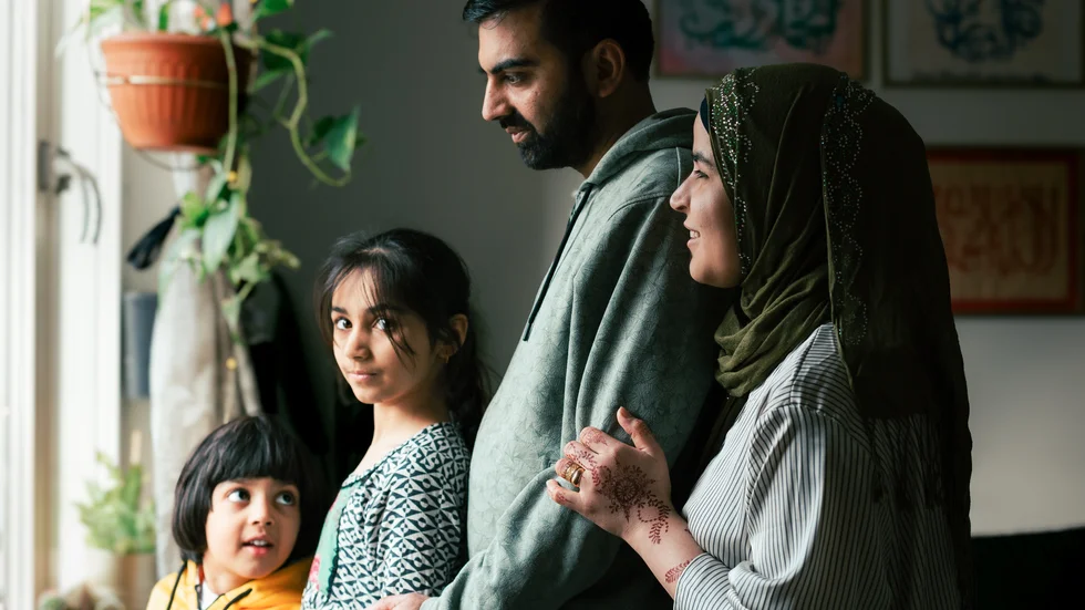 Left to right, Ibad Malik, Dua Fatima, Waqas Saleem Malik and Sundus Waqas at home in Skellefteå.