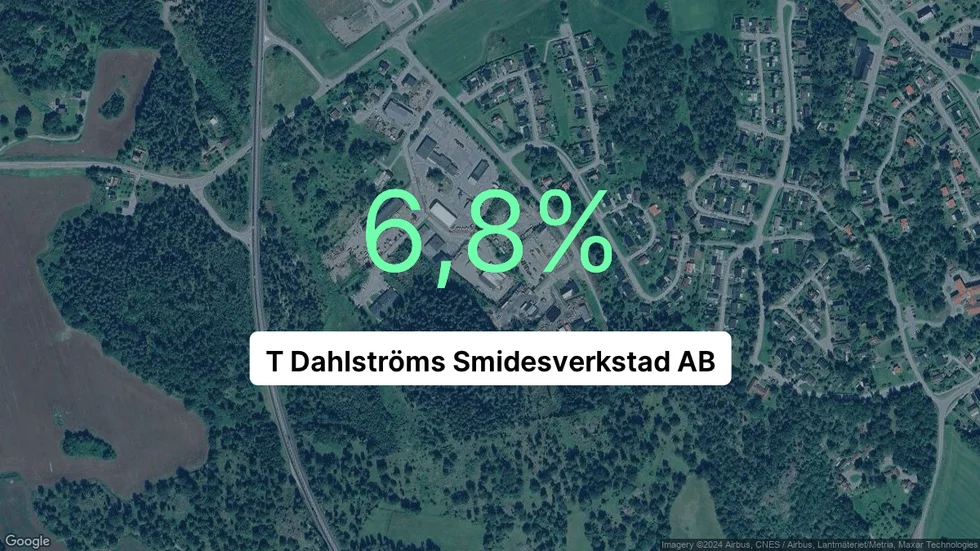 Illustrationen visar rörelsemarginalen för T Dahlströms Smidesverkstad för det senaste året. Bakgrunden är en satellitbild över företagets adress.