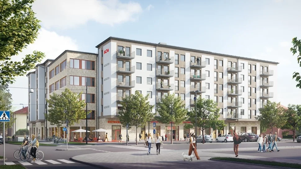 Så här kommer huset att se ut på Torbjörns torg när det är färdigbyggt. Här står man norr om torget på Svartbäcksgatan.
