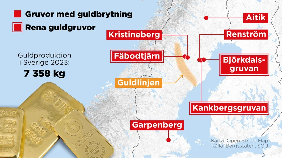 I Sverige finns sju gruvor med guldbrytning varav tre är rena guldgruvor.