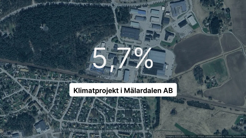 Illustrationen visar rörelsemarginalen för Klimatprojekt i Mälardalen för det senaste året. Bakgrunden är en satellitbild över företagets adress.