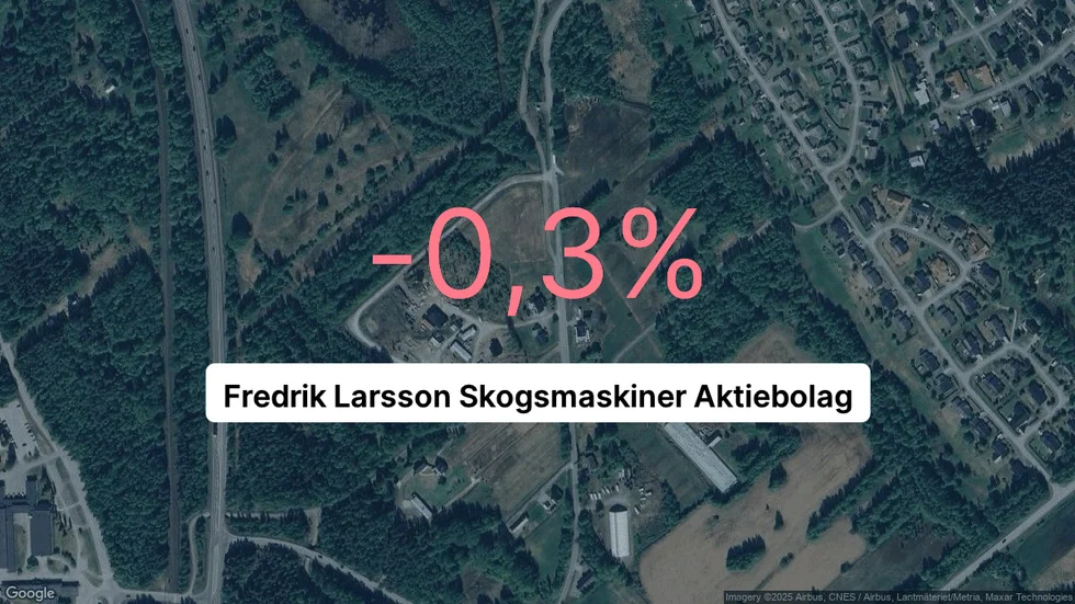 Illustrationen visar rörelsemarginalen för Fredrik Larsson Skogsmaskiner för det senaste året. Bakgrunden är en satellitbild över företagets adress.