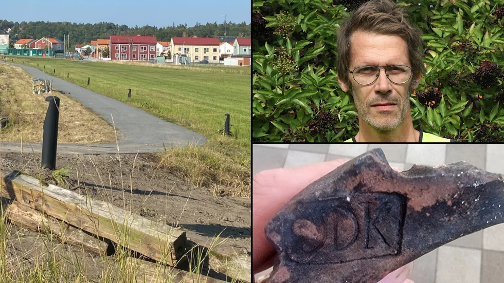 Lars Norberg har genomfört en arkeologisk förundersökning i kanten av Munkhagsgärdet intill Stallarholmsvägen. Han kunde lämna Mariefred efter mindre än tre dagsverken. Brädorna på bilden har inget med undersökningen att göra medan takteglet härstammar från Didrik Duwall Kalkudden, verksamt 1770-1795.