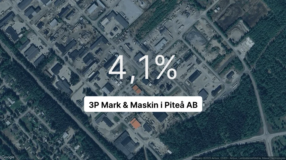 Illustrationen visar rörelsemarginalen för 3P Mark & Maskin i Piteå för det senaste året. Bakgrunden är en satellitbild över företagets adress.