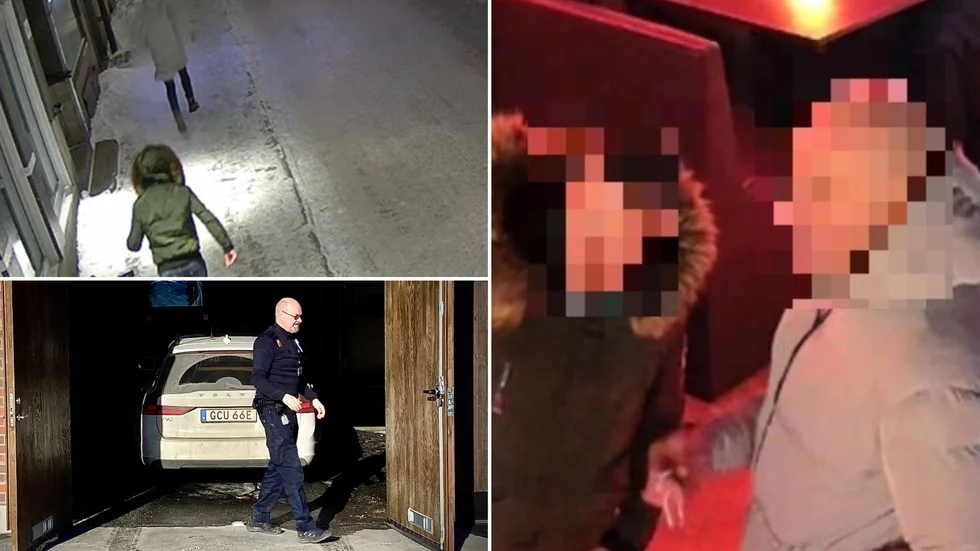 De två männen fångade av kameror inne på restaurangen och vid flykten. Nu misstänks de för rån och grov misshandel i centrala Skellefteå. Lilla bilden till vänster: 40-åringen, som tidigare dömts för mord i sitt hemland, förs in i tingsrätten med hjälp av Kriminalvårdens personal.