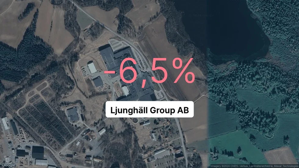 Illustrationen visar rörelsemarginalen för Ljunghäll Group för det senaste året. Bakgrunden är en satellitbild över företagets adress.