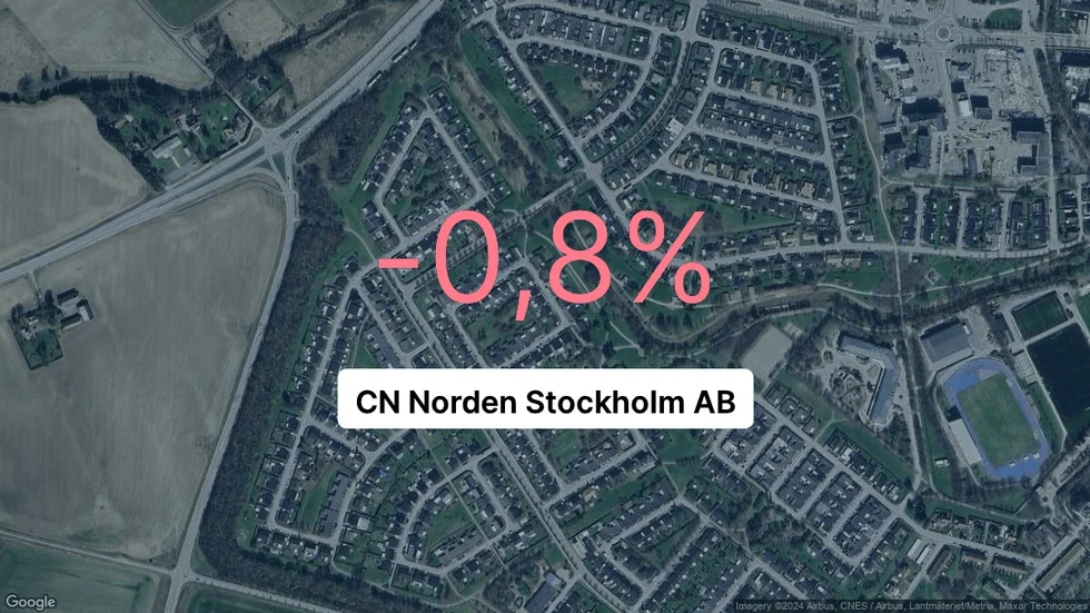 Illustrationen visar rörelsemarginalen för CN Norden Stockholm för det senaste året. Bakgrunden är en satellitbild över företagets adress.