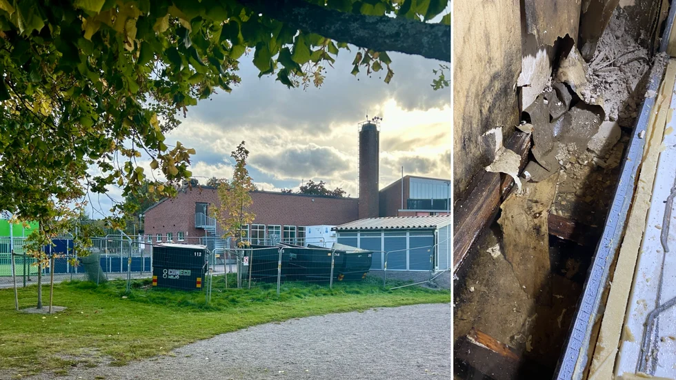Delar av Sandbäcksskolans kök genomgår just nu en renovering på grund av vattenskada och mögelpåväxt. På bilden till höger syns hur en decimeter vatten står under det gamla frysrummet. 