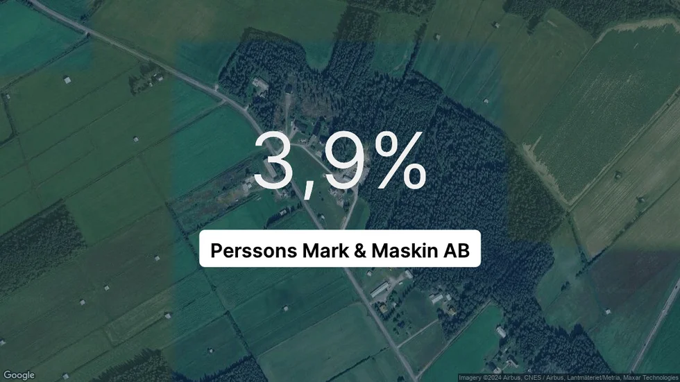 Illustrationen visar rörelsemarginalen för Perssons Mark & Maskin för det senaste året. Bakgrunden är en satellitbild över företagets adress.