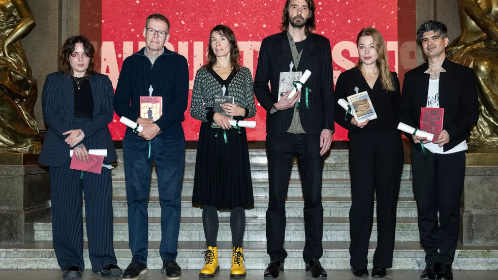 De nominerade till Augustpriset i kategorin årets skönlitterära bok: Hanna Rajs, Tony Samuelsson, Mirja Unge, Linus Gårdfeldt och Agri Ismaïl.