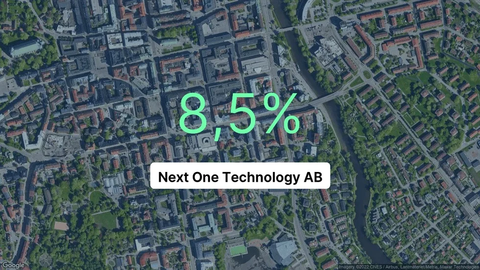 Illustrationen visar rörelsemarginalen för Next One Technology för det senaste året. Bakgrunden är en satellitbild över företagets adress.