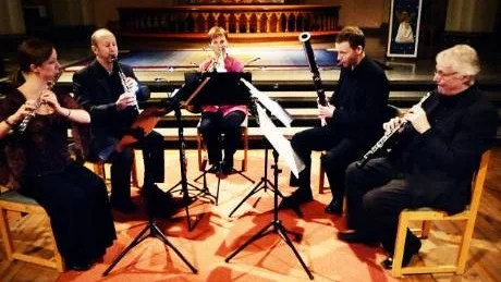 Crusellkvintetten i Sankt Petri:  från vänster Johanna Björklid, Dan Larsson, Katarina Andersson, Andreas From och Bela Tarrodi.