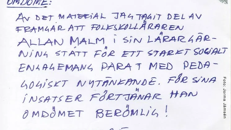 Gesällbrevet. Här kan ni läsa förre statsministerns omdöme om Allan Malms lärargärning.