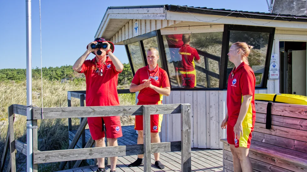 Tord Turesson, ordförande för Svenska Livräddningssällskapet på Gotland, kikar efter vrakdelar efter en grundstött segelbåt.