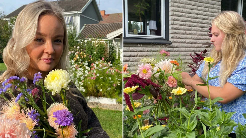 Renée Öbrink och Johanna Wall odlar blommor i sina villaträdgårdar och säljer buketter ute på gatan.
