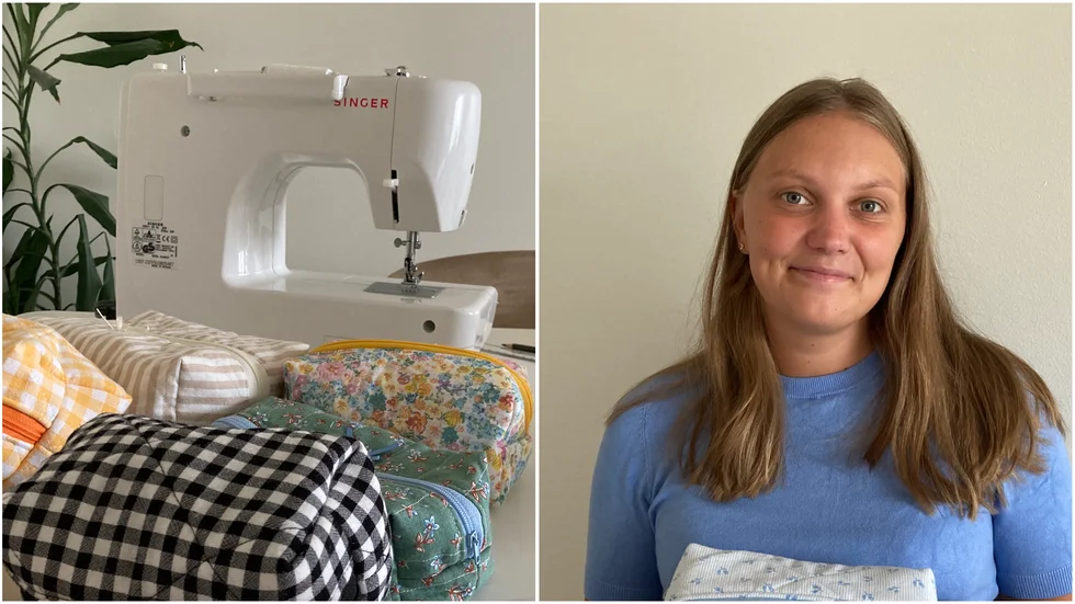 Kajsa Ström fastnade snabbt i processen av att sy och säljer nu sina necessärer på Facebook. 