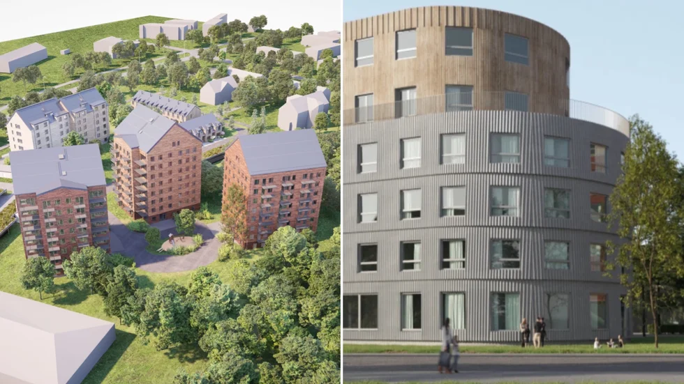 Två av flera byggen som planeras av Skebo. Till vänster Anderstorps gård, till höger ett förslag på studentbostäder på Campus. 