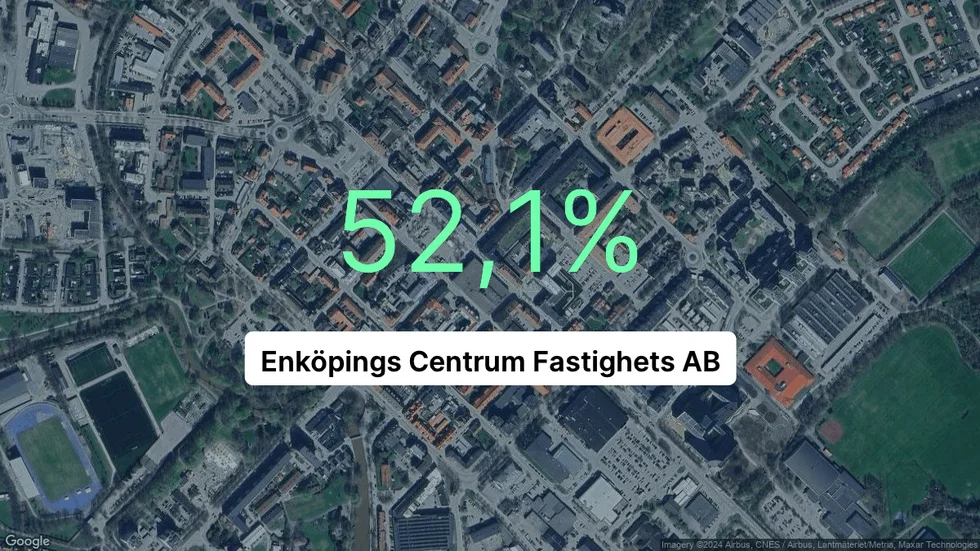 Illustrationen visar rörelsemarginalen för Enköpings Centrum Fastighets för det senaste året. Bakgrunden är en satellitbild över företagets adress.
