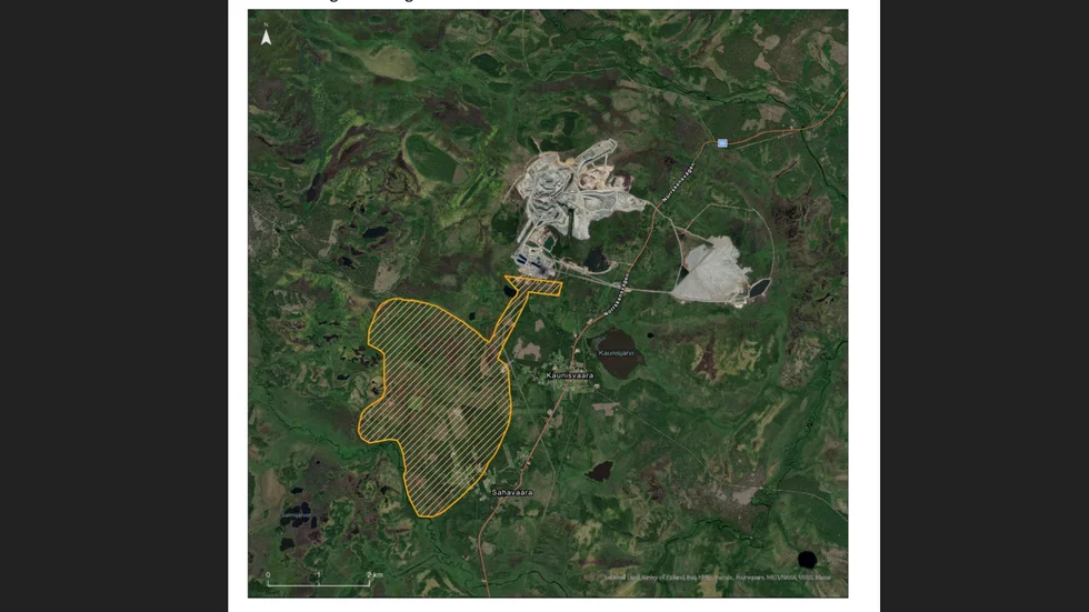 Gula fältet på satellitbilden visar det planerade gruvverksamhetsområdet i Sahavaara tre mil utanför centrala Pajala och fem kilometer från Kaunis Irons befintliga gruva i Tapuli. 