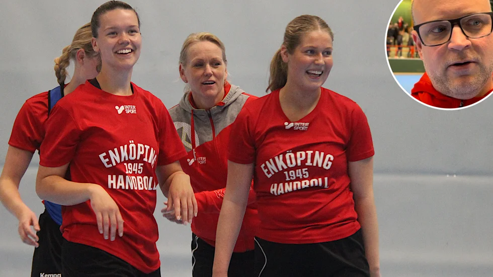 Nora Sagström och Jennifer Hagman, spelare närmast i bild tillsammans med fjolårets målvaktstränare Jenny Boquist som utökar den tränarrollen till säsongen 24/25. Infälld EHF-tränaren Mathias Eriksson.