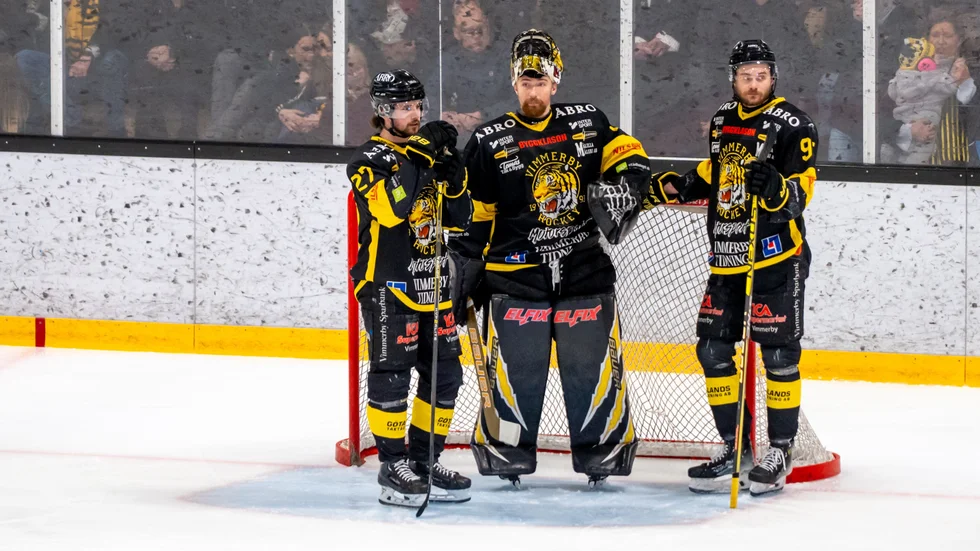 Målvakten Robin Christoffersson har tillsammans med backarna William Alftberg och William Dageryd lagt grunden till Vimmerby Hockeys starka försvar.