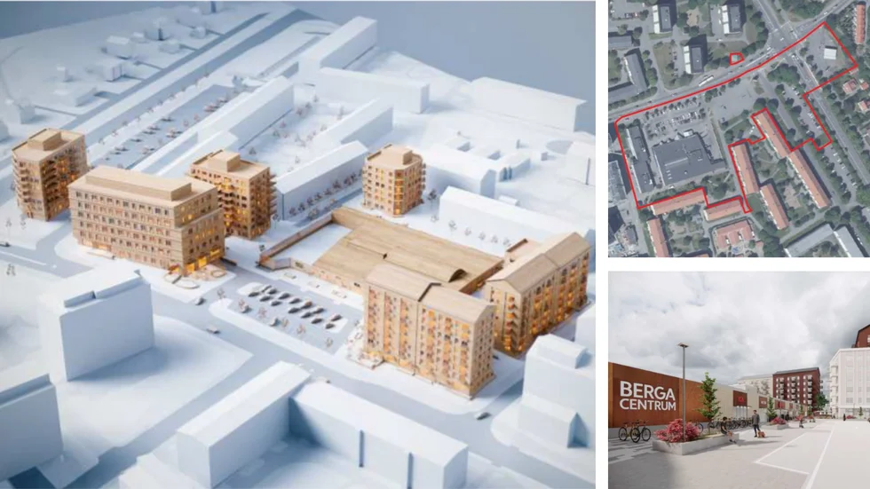 Sex nya hus med bland annat 300 lägenheter planeras vid Berga centrum. Ett av husen ska byggas på andra sidan Vistvägen, där det i dag ligger en bensinmack.