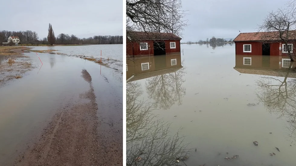 I Ekeby vid Roxen har vattnet nått ända upp på vägen. Boende berättar att de får ta sig med båt till och från husen.