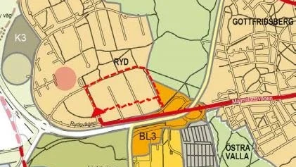 Röd streckad linje anger området där Victoria Park vill bygga. Den tjocka röda linjen visar en tänkt framtida sträckning av Malmslättsvägen.