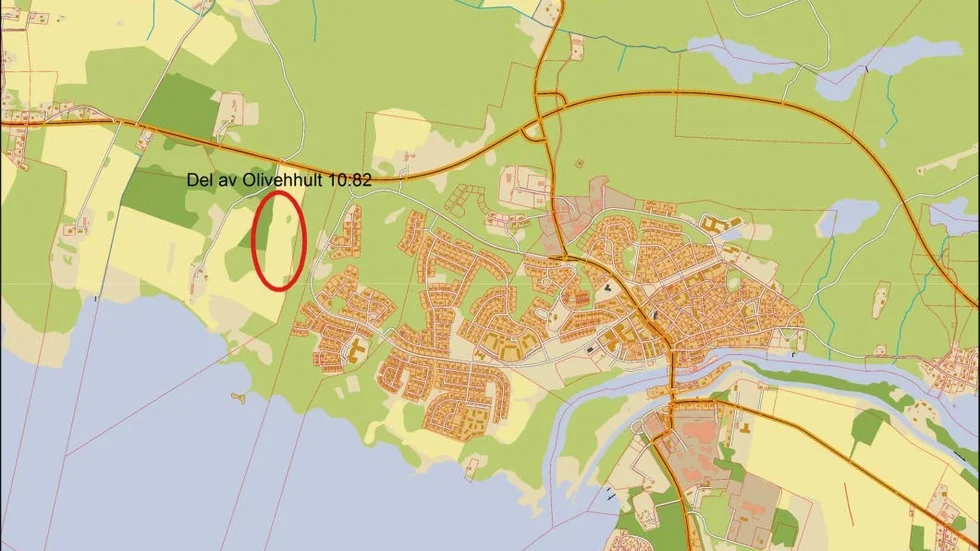 Nytt bostadsområde. Cirkeln markerar marken som kommunen köpt.