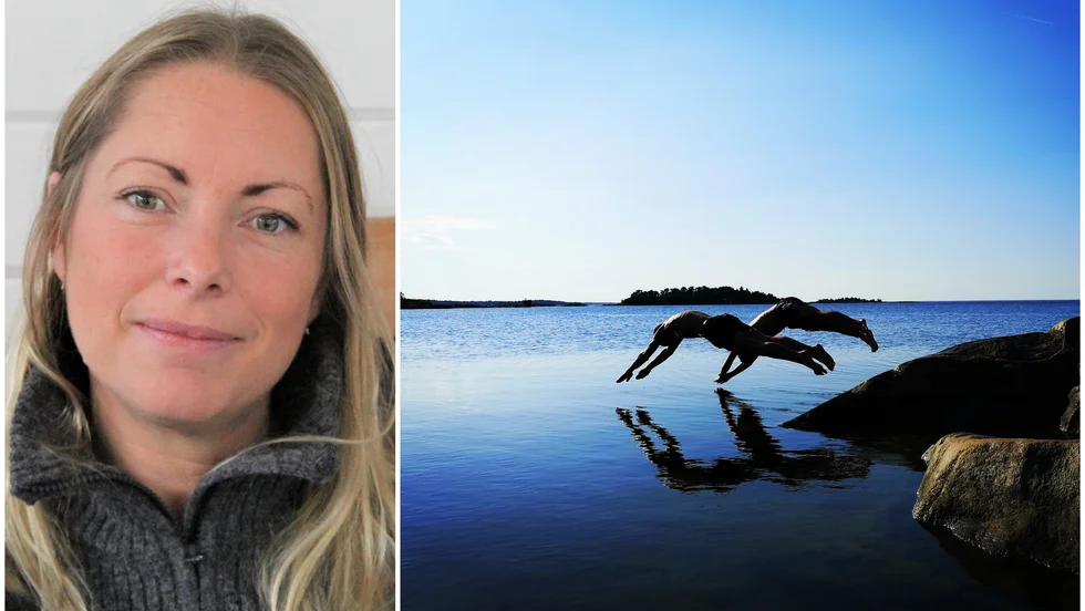 Vinnarbilden: Frida Östergren fångade ögonblicket, precis innan Isak och Sebastian klyver ytan vid klipporna i Öregrund. Bilden är något beskuren.