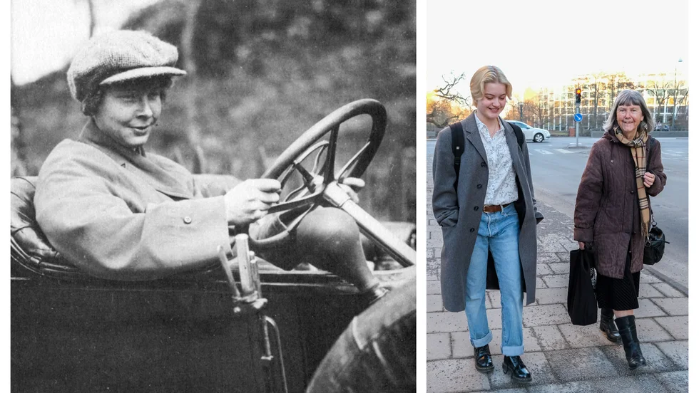 Till vänster Sveriges första undersökande reporter, Ester Blenda Nordström, och till höger Tove Malmström, 17, och Monica Roselius, 78, som i ett reportage i dagens Corren diskuterar sina tankar om ett jämställt samhälle.