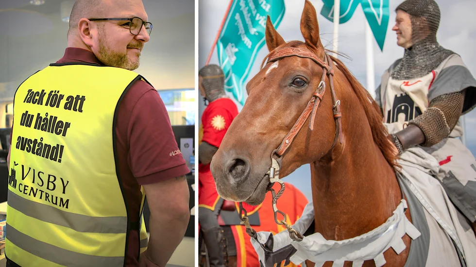 Till vänster Magnus Olsson, Visby Centrum, med den nya västen som delas ut till allmänheten. Till höger i bild riddare Hans af Visby,(Thomas Lindgren), från Riddarsällskapet Torneamentum.