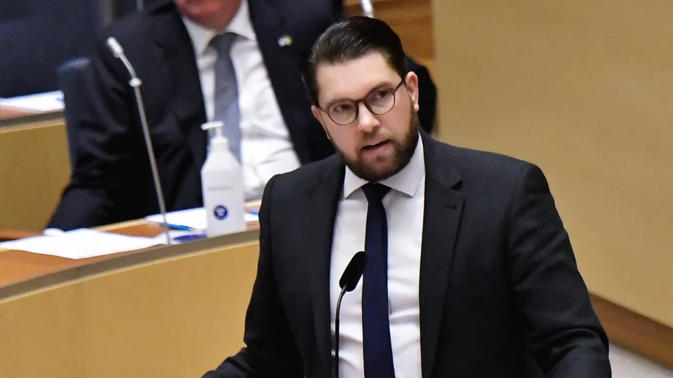 Sverigedemokraternas partiledare Jimmie Åkesson (SD) under dagens partiledardebatt i riksdagen.Foto: Janerik Henriksson / TT