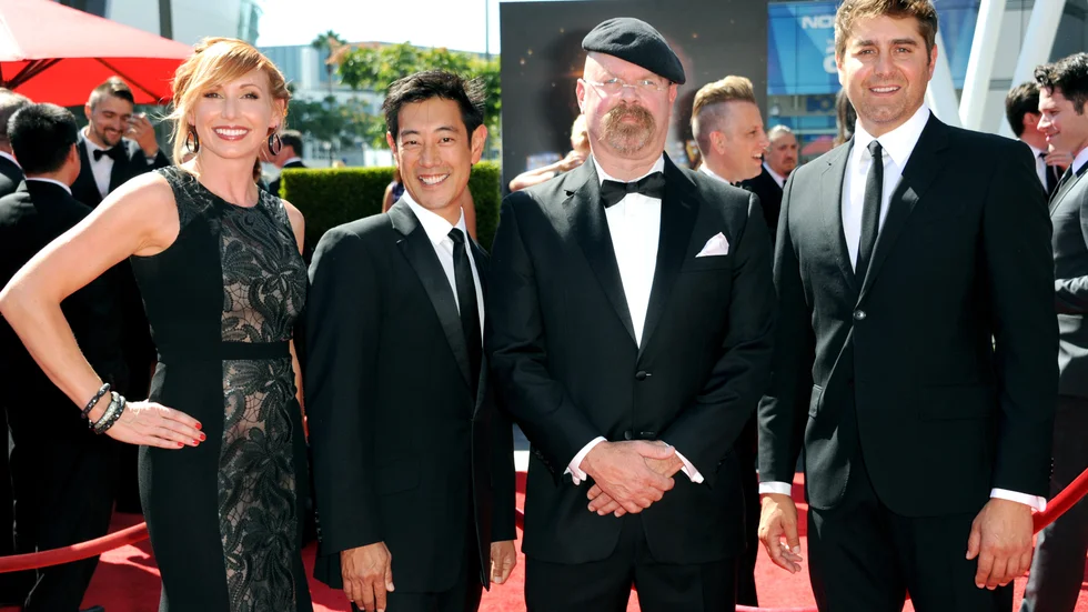 Grant Imahara (andra från vänster) tillsammans med tidigare "Mythbuster"-kollegorna Kari Byron, Jamie Hyneman, och Tory Belleci. Arkivbild.