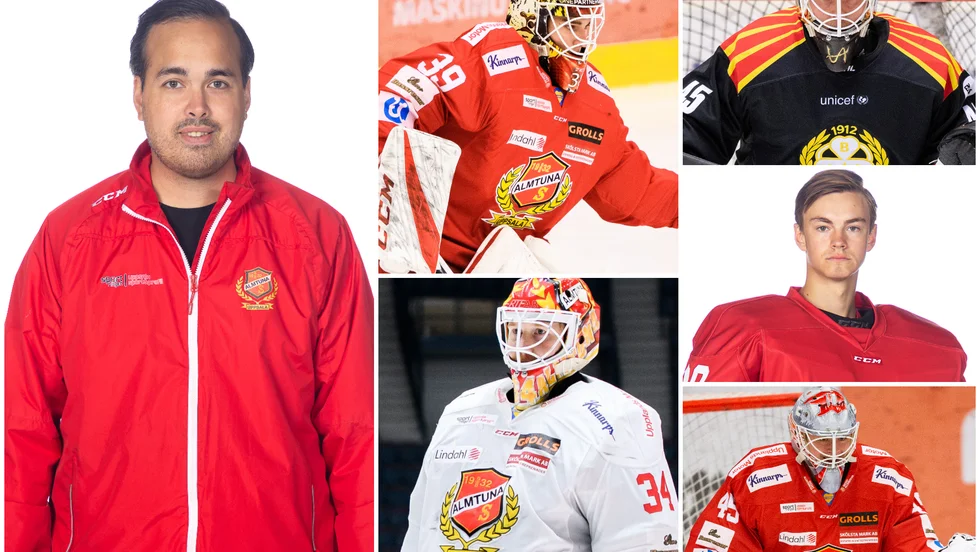 Almtunas målvaktstränare Sebastian Jonsson, t v, kommer i och med Viktor Andréns (uppe till höger) ankomst att ha jobbat med hela fem matcher under säsongen. Övriga är Oliver Håkanson, Erik Hanses, Oscar Leijon och Filip Larsson.