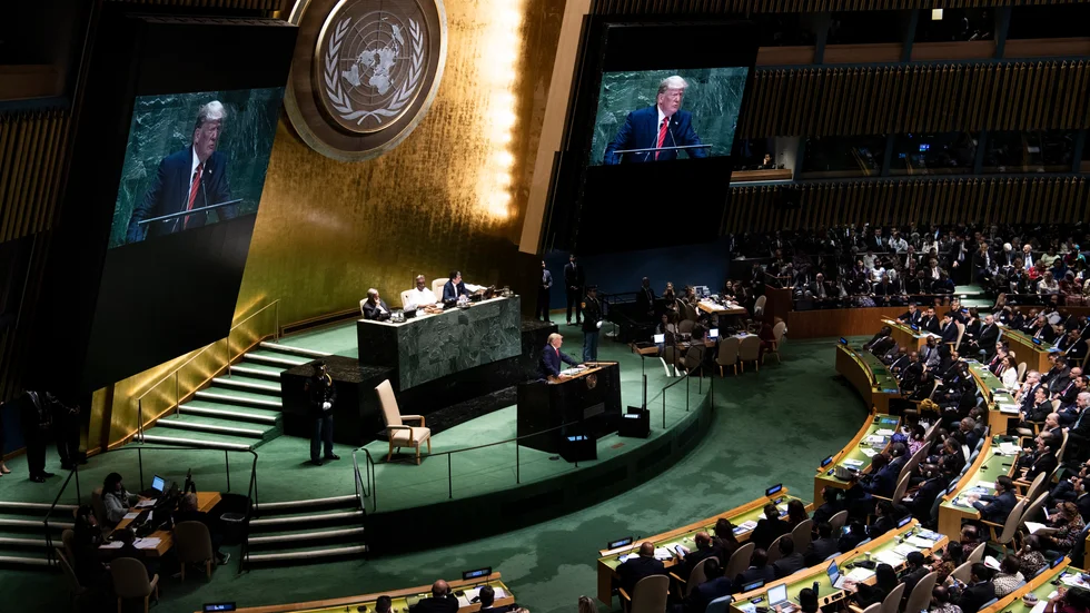 FN:s generalförsamling, fotograferad 2019 när USA:s dåvarande president Donald Trump höll sitt tal.