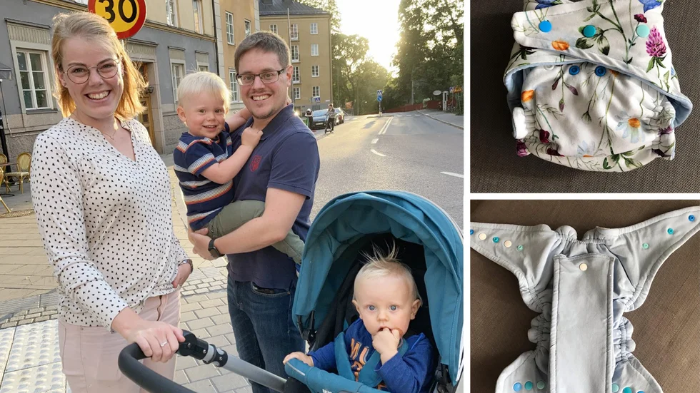 Linnéa och Robin Aronsson med barnen Elias och Albin. Familjen använder tvättbara tygblöjor till barnen för att slippa slänga en massa plast i onödan. Nu bjuder Linnéa via Blöjupproret in till tygblöjeträff vid Djulös dansbana den 11 september.
