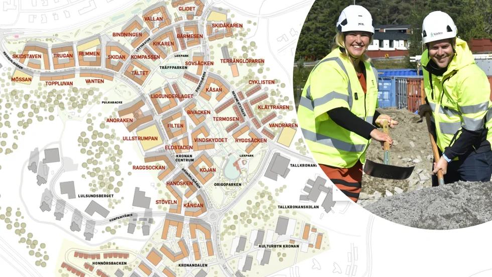 Totalt kommer 35 kvarter att rymmas på Kronandalen när allt är klart 2030. På bilden syns Carina Sammeli och Per Utterström ta första spadtaget på kvarteret Vallan.