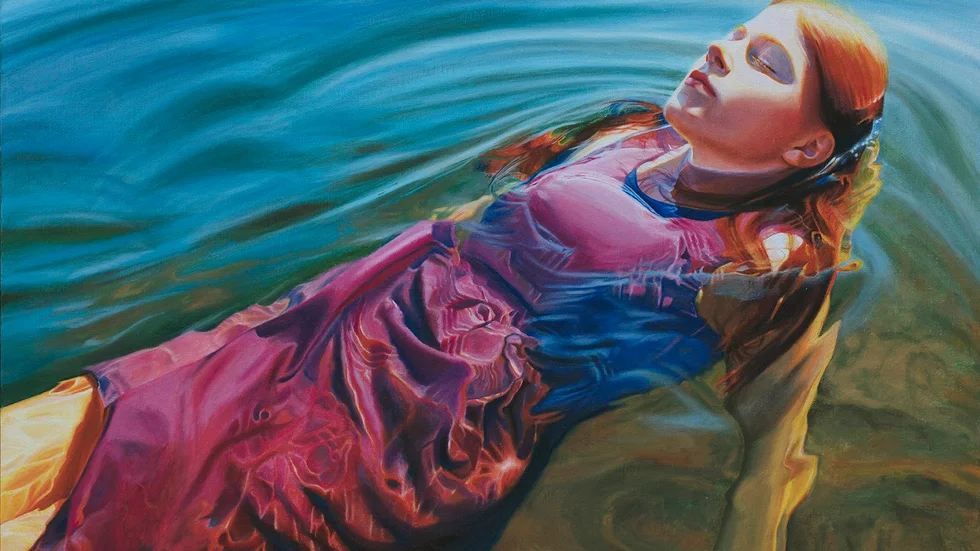 "Red hair & pink dress", målning av Sirje Papp som ställer ut på Galleri Blå i Linköping.  