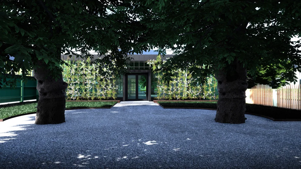 Den permanenta paviljongen föreslås stå på samma plats som dagens tillfälliga byggnad. Här har det i äldre tider funnits ekonomibyggnader. Vy från Linnémuseet.