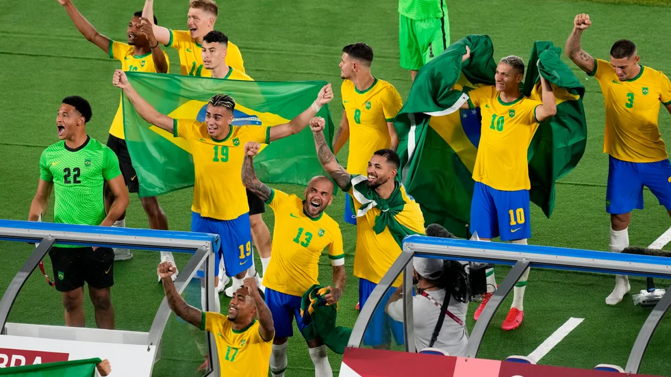 Brasilianska landslaget firar OS-guldet. Arkivbild.