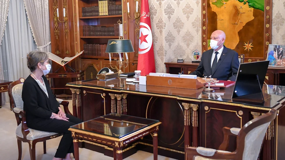 Tunisiens president Kaïs Saïed i september med nyligen tillsatta premiärministern Najla Bouden.