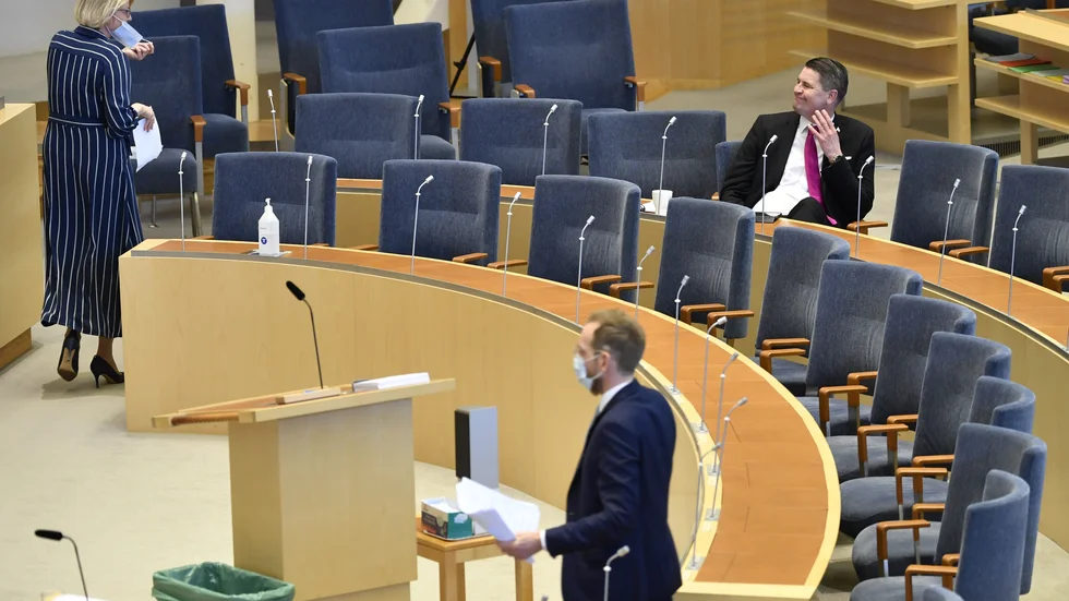 När Moderaternas och Sverigedemokraternas ekonomisk-politiska talespersoner möttes i tisdagens Aktuellt var det idel glada leenden. Som i här i riksdagen i våras.