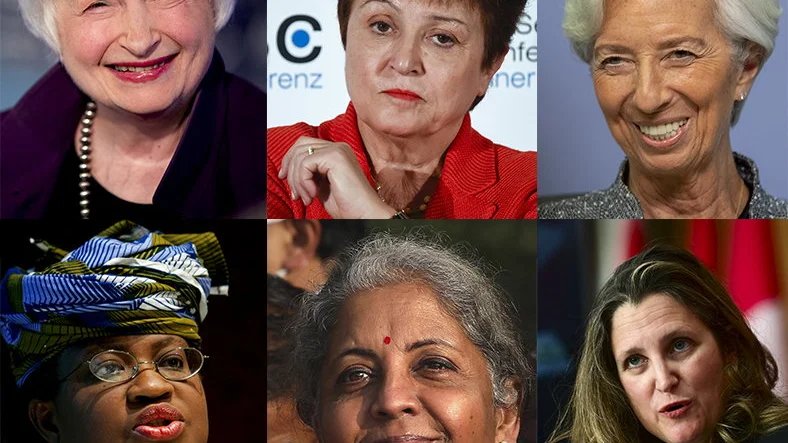De kvinnliga ekonomiska tungviktarna. Ovan från vänster Janet Yellen, Kristalina Georgieva, Christine Lagarde, Ngozi Okonjo-Iweala, Nirmala Sitharaman och Chrystia Freeland. Arkivbilder.
