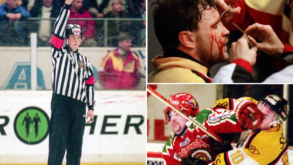 Domaren Roger Öberg, till vänster i bild, dömde den avgörande finalen. Till höger ses en blodig Thomas "Bulan" Berglund sys i båset och Tomas Holmström i en av många tuffa dueller.