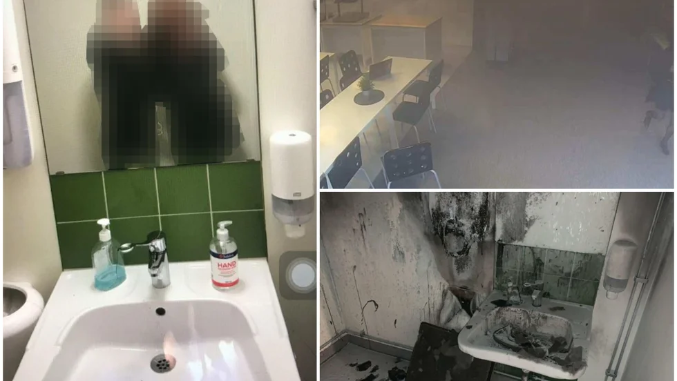 Bland åklagarens bevis finns en spegelselfie med tonårstjejerna, medan handsprit brinner i handfatet. Strax därefter brann det i papperskorgen och rök började bolma ut i korridoren.