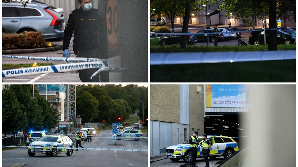 Fyra mord på bara några månader. Linköping har skakats av en extrem våldsvåg den senaste tiden. I bilden ser vi överst till vänster polisens arbete från det senaste mordet i Lambohov. Till höger avspärrningar från det första mordet i Berga. I botten till vänster arbetar polisen efter andra Bergamordet och till höger är polisen på plats i Skäggetorp efter mordet på restaurangen.
